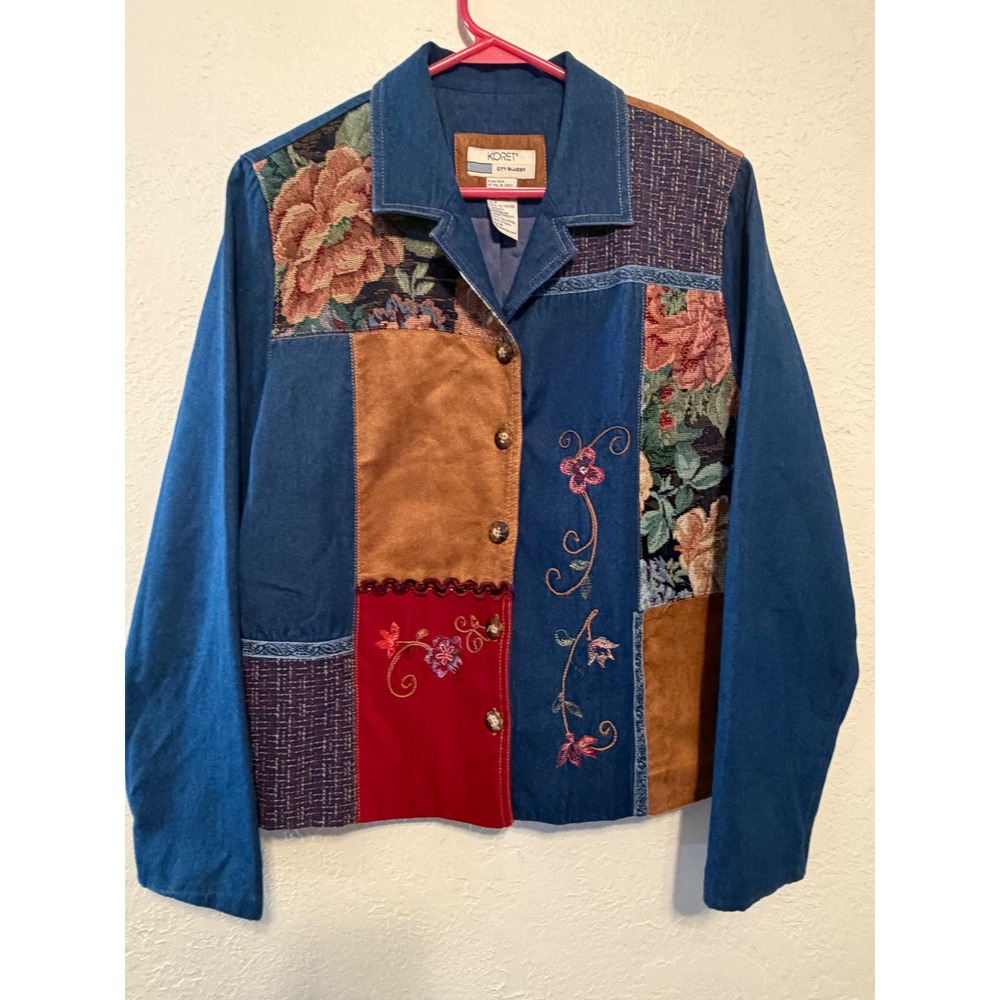 Koret City Blues Patchwork Jacket Denim Tapestry Floral Embroidery Blue Medium